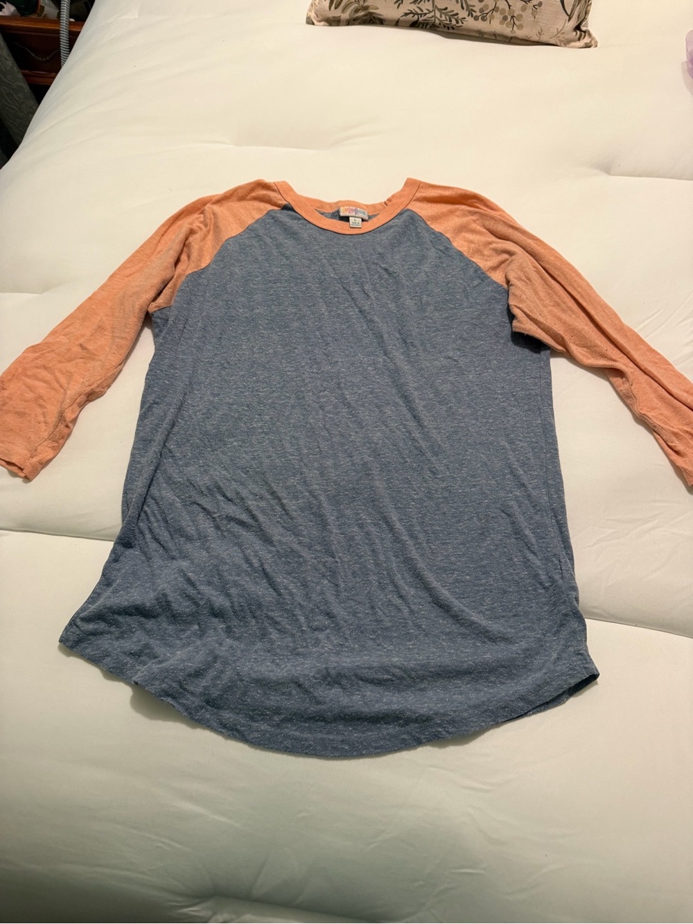 LuLaRoe Blue/gray Body with Peach Raglan Sleeve Top